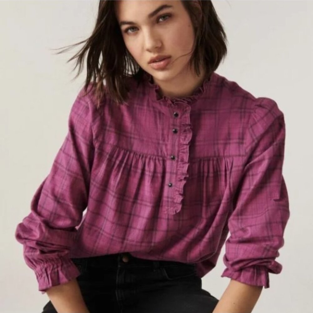 BA&SH The Lady Shirt Ruffle Blouse in Violet Checkered Plaid